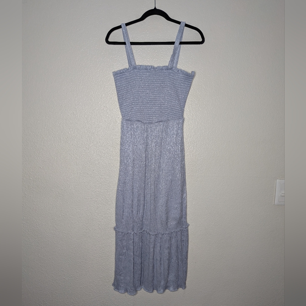 Heart & Heels Periwinkle Blue Shimmery Textured Tiered Milkmaid Midi Dress L